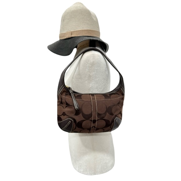 Coach Signature Canvas Hobo Shoulder Bag Leather Trim Y2K Style Brown Medium - Picture 3 of 16
